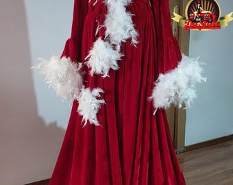 Handgemachte Samt Mrs. Claus Robe - Rotes Weihnachtskleid mit Federbesatz
