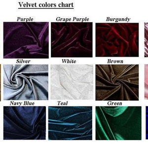 Puede incluir: Una carta de colores que muestra 15 muestras de tela de terciopelo diferentes. Las muestras est&aacute;n dispuestas en tres filas de cinco. Los colores son: rojo, morado, morado uva, burdeos, rosa polvoriento, dorado/desnudo, plateado, blanco, marr&oacute;n, rosa, negro, azul marino, azul verdoso, verde y azul.