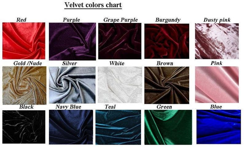 Puede incluir: Una carta de colores que muestra 15 muestras de tela de terciopelo diferentes. Las muestras est&aacute;n dispuestas en tres filas de cinco. Los colores son: rojo, morado, morado uva, burdeos, rosa polvoriento, dorado/desnudo, plateado, blanco, marr&oacute;n, rosa, negro, azul marino, azul verdoso, verde y azul.