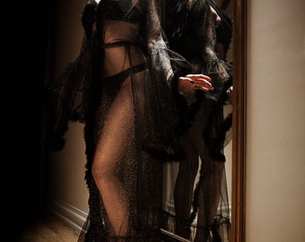 Shiny Dressing Gown, Burlesque Lingerie Feather Robe, Stage Dress