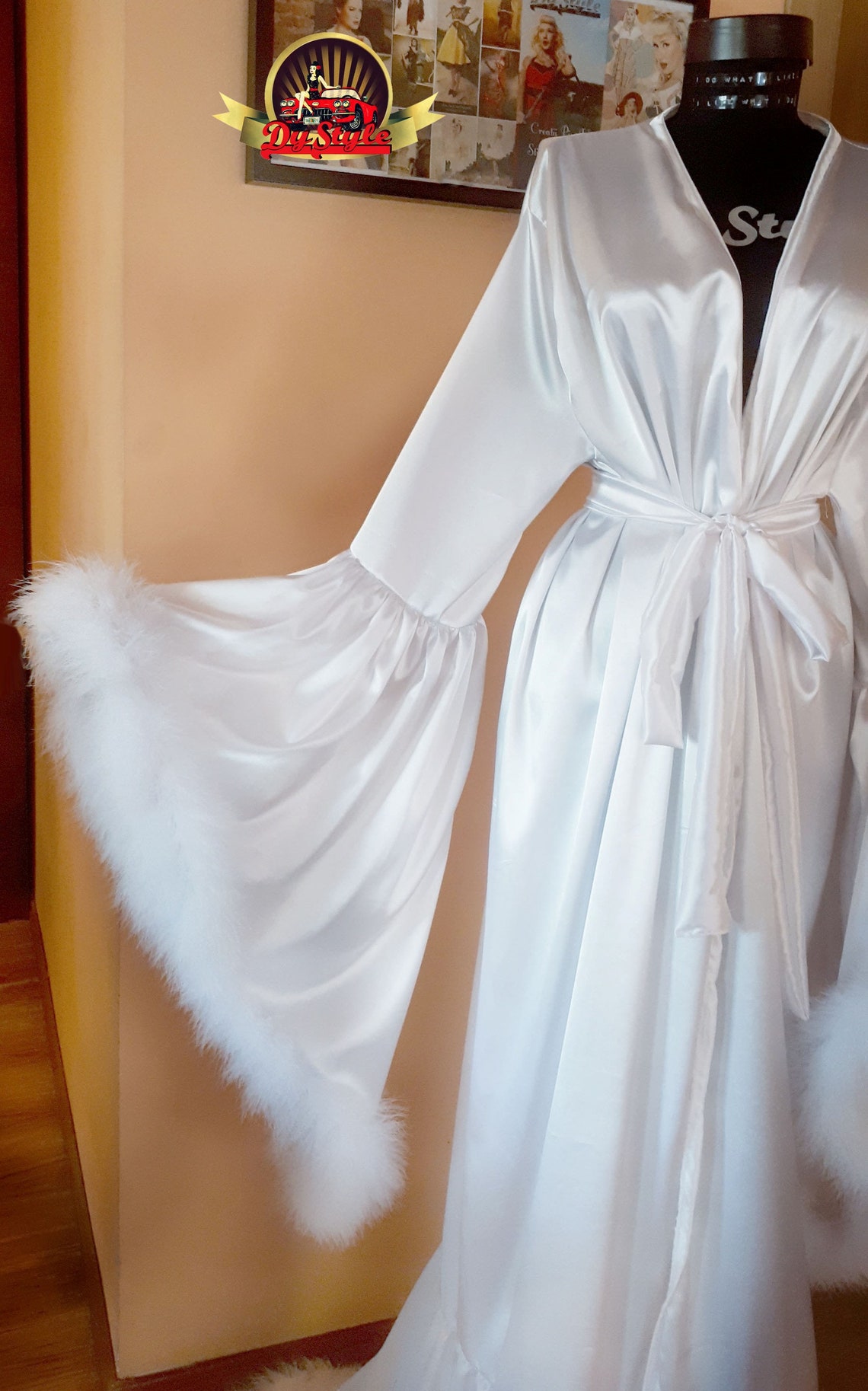 white silk robe with feathers