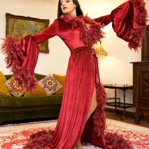 Velvet Feathers Robe, Wine Red Dressing Gown, Burgundy Burlesque Stage ...