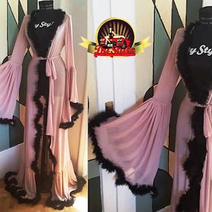 Pink Marabou Feather Robe, Sheer Chiffon Lingerie, Custom Made