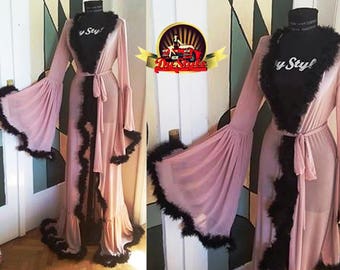 Pink and Black Boudoir Dressing Gown, Marabou Feather Robe Lingerie, Bride Dressing Gown, Burlesque Dressing Gown, Sheer Feather Kimono