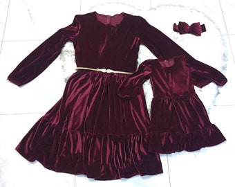 Grape purple velvet matching mother-daughter dress / Mommy and me outfit / Mommy and me velvet dress