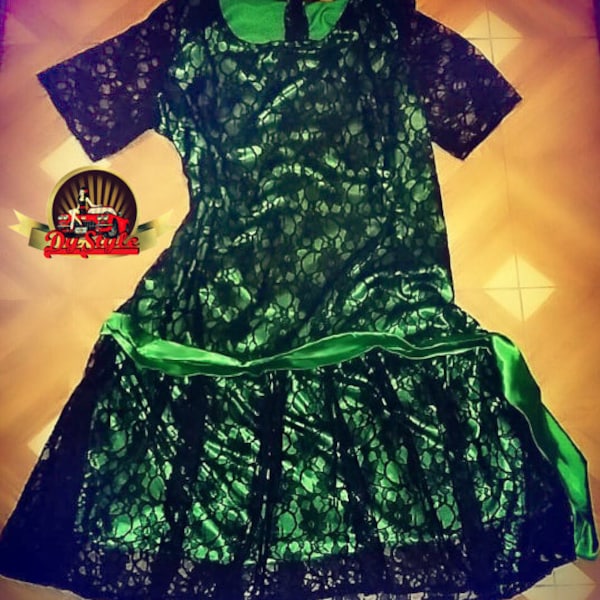 Vert et Noir avec manches Plus Taille Flapper 20s Great Gatsby Lace Dress