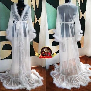 Robe de mariée plumes de marabout, kimono en tulle blanc - taille personnalisée