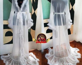 Bridal White Marabou Robe/ Getting Ready Feathers Robe/ Bridal Kimono/ White Bridal Marabou Dressing Gown/ Custom Plus Size White Robe