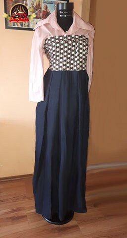 Denim plated floor dress with pockets and polka dots
