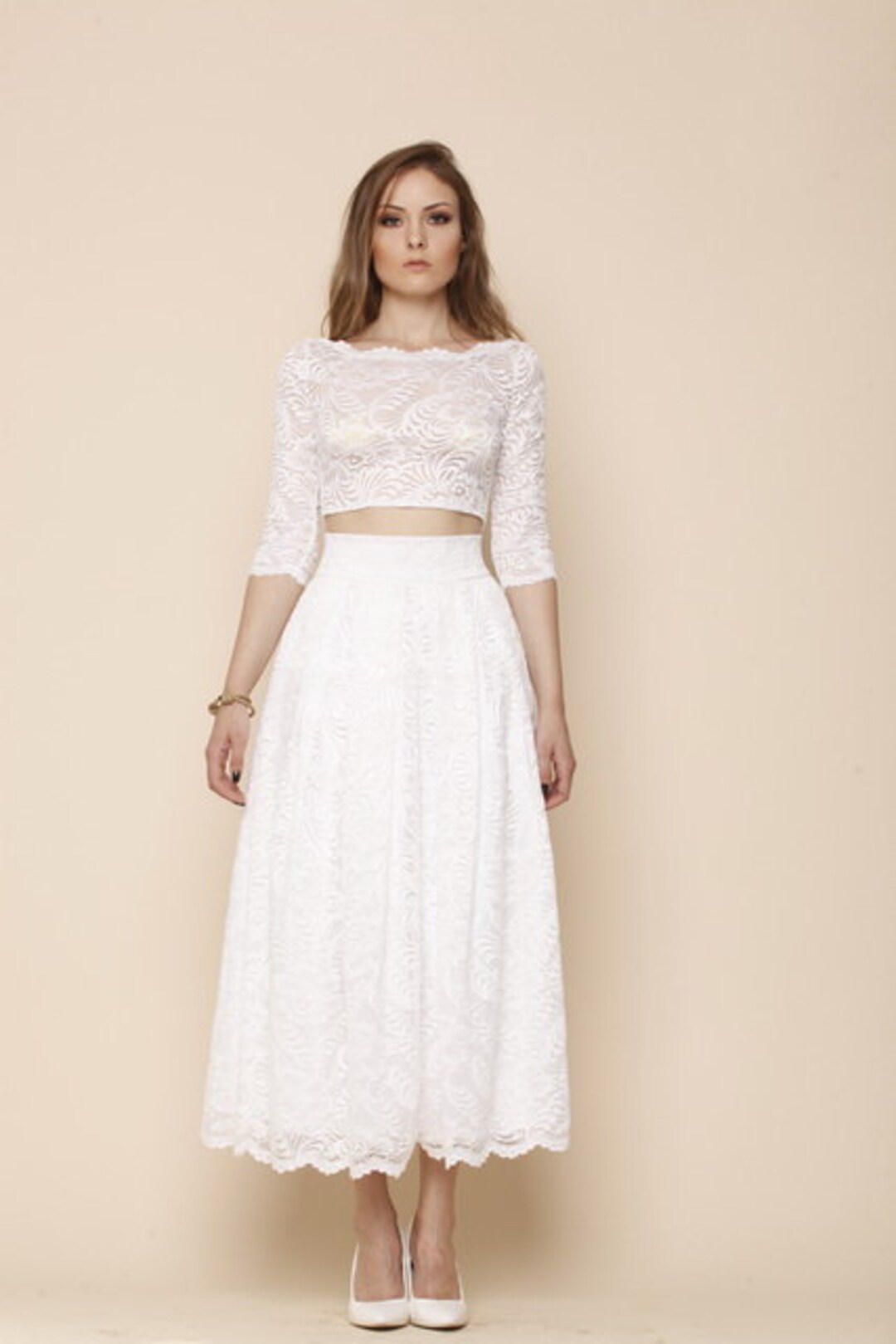 Ivory Wedding Tea Length Lace Skirt and Top Wedding Lace Plated Skirt