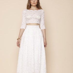 Ivory Lace Wedding Skirt and Top Set, Tea Length Retro Bridal Outfit