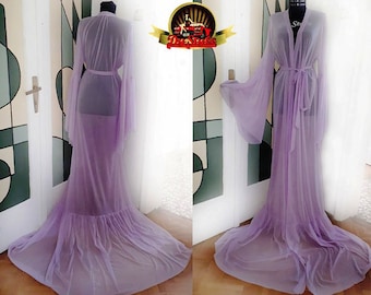 Lavender Chiffon Dressing Gown, Sexy See through lavender beach dress, Sexy stage dress, Sexy lingerie