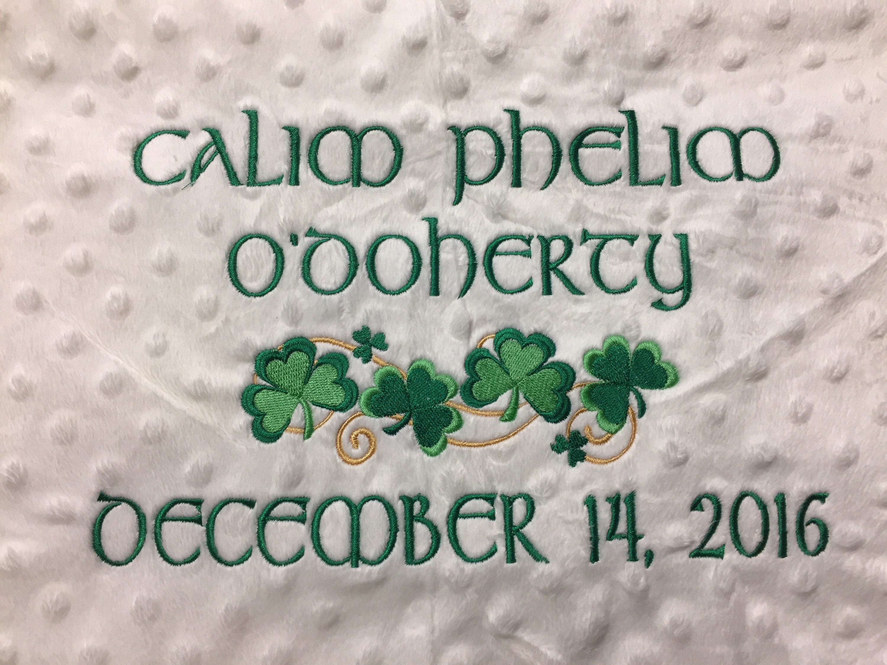 Irish Shamrock WHITE baby blanket personalized embroidery Etsy