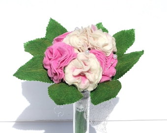 Hand felt bridal bouquet with white roses and roses in pink
