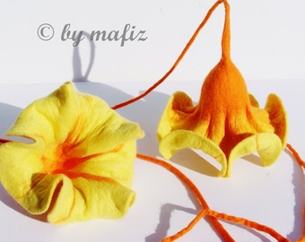 Felt flower in yellow, decoration for the home, decoration for the window flower with long belt