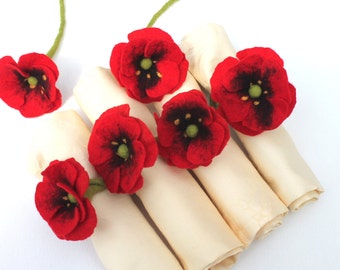 Poppy flowers, 6 pieces of napkin rings, decoration for the summer party or for Christmas