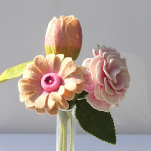 Flowers, felted tulip, rose and marguerite in magical shabby style, The flowers are in white and pink