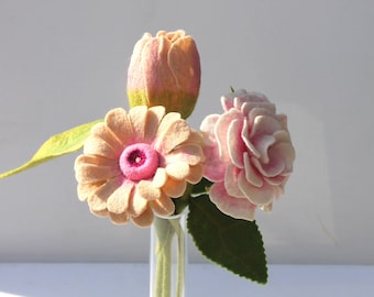 3er Set, gefilzte Tulpe, Rose und Margerite im zauberhaften Shabby Style, Die Blüten  sind in weiß und rosa