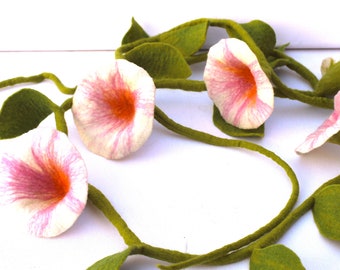White and Pink Felt Flower Garland, Felted Petunia Garland for the Window