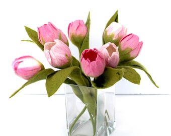 1x Tulip, in pink, white, felt flowers with leaf bouquet for the apartment bridal bouquet flowers