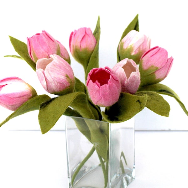 1x Tulip, in pink, white, felt flowers with leaf bouquet for the apartment bridal bouquet flowers