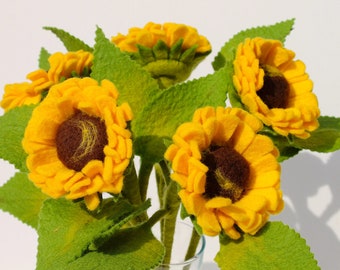 Long-stemmed felted sunflowers for the vase, as a birthday present for the mother or as a home decoration