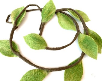 Elegant long garland in khaki, hand-felted with many lime green leaves, decoration for the home