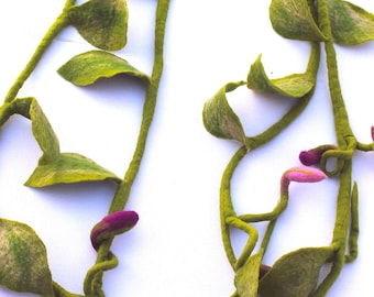 Leaves garland with buds in pink and purple, decoration for the apartment, window decoration made of felt very noble