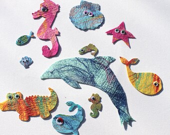 10 x fishes and 1 crocodile felted by hand, for the children's sea party, for the school bag for handicrafts,
