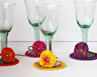 Set 4x Felt Coasters marker wine glass glass markers party trays Flower Glass Markers for Glass's Birthday Children's Party