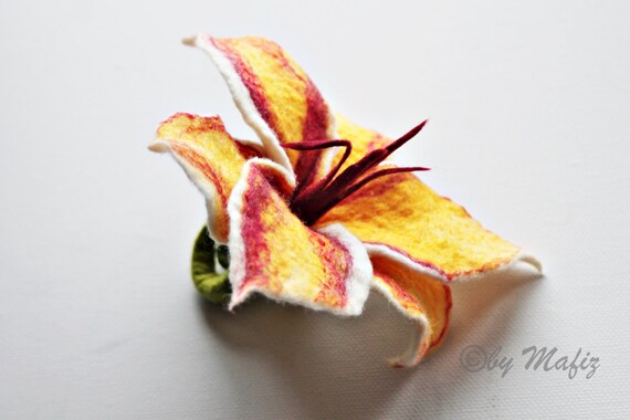 Flower Handmade Felted Yellow Lily With Burgundy Very Noble Decoration For The Vase The Apartment Especially A Nice Birthday Present