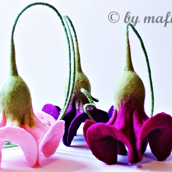 Felted 3x windows Jewelry Set large hanging flowers purple pink and magenta residential deco deco apartment for felt flower windows flowers