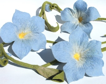 Enchanting garland with 3 large flowers in cream blue, hand felted home decoration