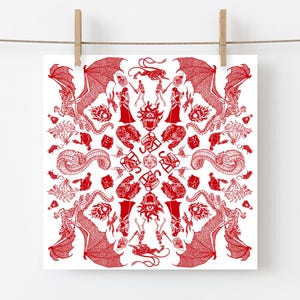 Tarjeta navideña de D&D (Dungeons and Dragons) con copo de nieve, monstruos de D&D, felicitaciones de cumpleaños y Navidad, hecha a mano, estilo kitsch, con flamenco cuadrado.