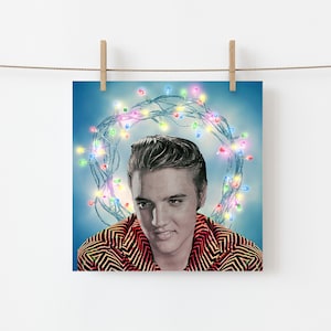 Elvis Presley 'Halo Elvis ' Weihnachtskarte Geburtstagsgrüße Einzigartige Handgemachte Kitsch Flamingo Rockabilly Rock and Roll Hound Dog Square