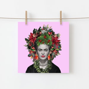 Corona de Frida Kahlo 'Navidad Frida' Tarjeta navideña para el Día de la Madre Saludos de cumpleaños Única hecha a mano Kitsch Flamenco Artista mexicana Cuadrado