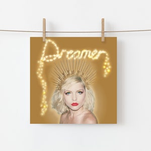 Debbie Harry, rêveuse blonde, Noël, carte d'anniversaire, voeux, unique, fait main, années 80, rêve, atomique, coeur de verre, kitsch, flamant rose, carré