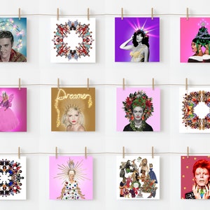 Mix & Match Pack van 4 Celebrity Christmas Greetings Card Multi Set Frida Kahlo Elvis David Bowie RuPaul Blondie Cardi B Cher Kitsch Flamingo