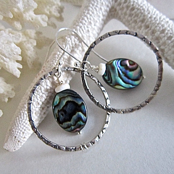 Silver Hoop and Paua Shell Earrings with Hawaiian Puka Shells, Shell Jewelry, Beach Jewelry, Abalone Shells, Paua Shells