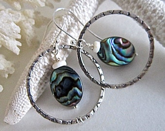 Silver Hoop Earrings: Paua Abalone Shells and Hawaiian Puka Shells