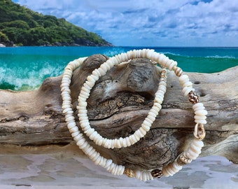 Hawaiian Pukka Shell Necklace With Shell Accent, Unisex, Surfer Jewelry, Hand Picked On North Shore, 18 3/4", Surfer Barrel Clasp