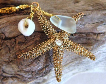 Starfish Necklace with Hawaiian Puka Shell and Beach Glass, Costume Jewelry, Sea Star Necklace, Hawaiian Beach Theme Necklace, SurferJewelry