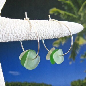 Green Sea Glass Silver Plate Hoop Earrings, Summer Jewelry, Beach, Surfer Chic, Hawaiian Beach Glass/Shades of Green Sea Glass Hoop Earrings image 1