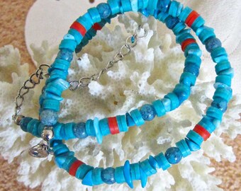 Turquoise and Red Coral Necklace, Country Western, December Birthstone, Turquoise Heishi, American Indian, Southwestern Cowboy, Boho, Casual