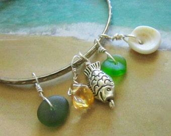 Beach Bangle Bracelet with Hawaiian Sea Glass, Citrine, Puka Shell and Thai Hill Tribe Silver Fish Charm, Beach Jewelry, Yellow Green White