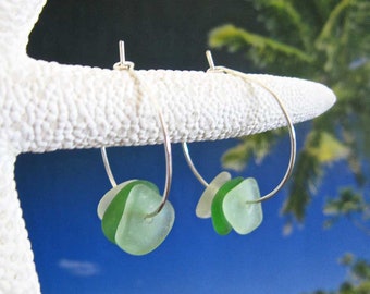 Green Sea Glass Silver Plate Hoop Earrings, Summer Jewelry, Beach, Surfer Chic, Hawaiian Beach Glass/Shades of Green Sea Glass Hoop Earrings