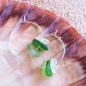 Green Sea Glass Silver Plate Hoop Earrings, Summer Jewelry, Beach, Surfer Chic, Hawaiian Beach Glass/Shades of Green Sea Glass Hoop Earrings image 2