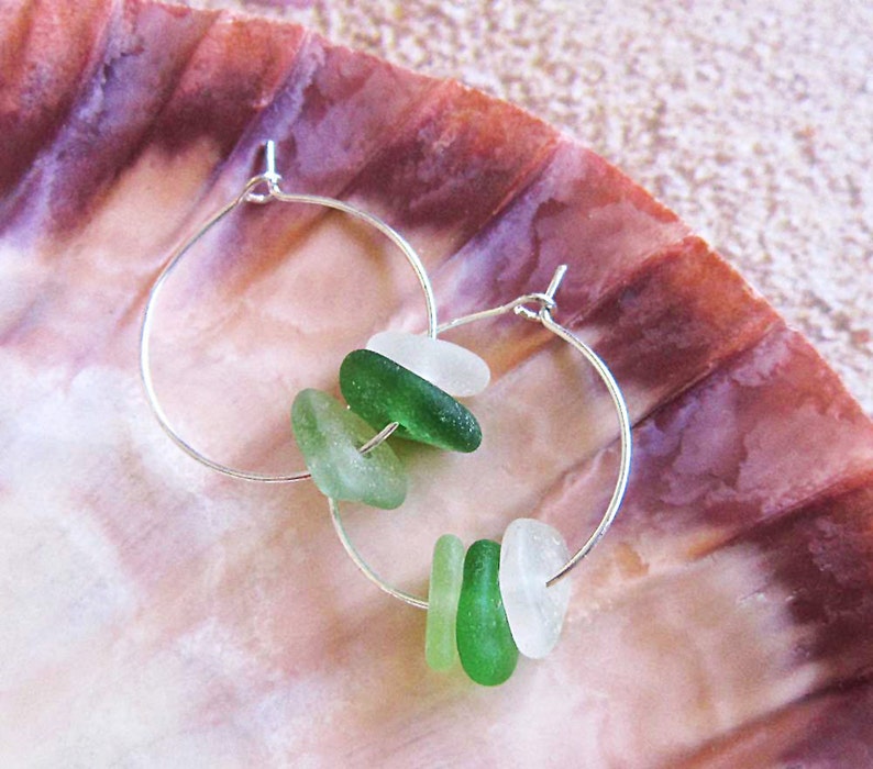 Green Sea Glass Silver Plate Hoop Earrings, Summer Jewelry, Beach, Surfer Chic, Hawaiian Beach Glass/Shades of Green Sea Glass Hoop Earrings image 2