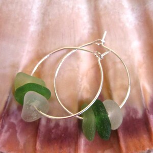 Green Sea Glass Silver Plate Hoop Earrings, Summer Jewelry, Beach, Surfer Chic, Hawaiian Beach Glass/Shades of Green Sea Glass Hoop Earrings image 4