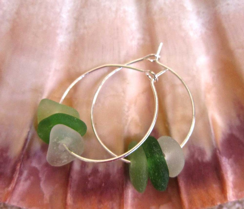 Green Sea Glass Silver Plate Hoop Earrings, Summer Jewelry, Beach, Surfer Chic, Hawaiian Beach Glass/Shades of Green Sea Glass Hoop Earrings image 4